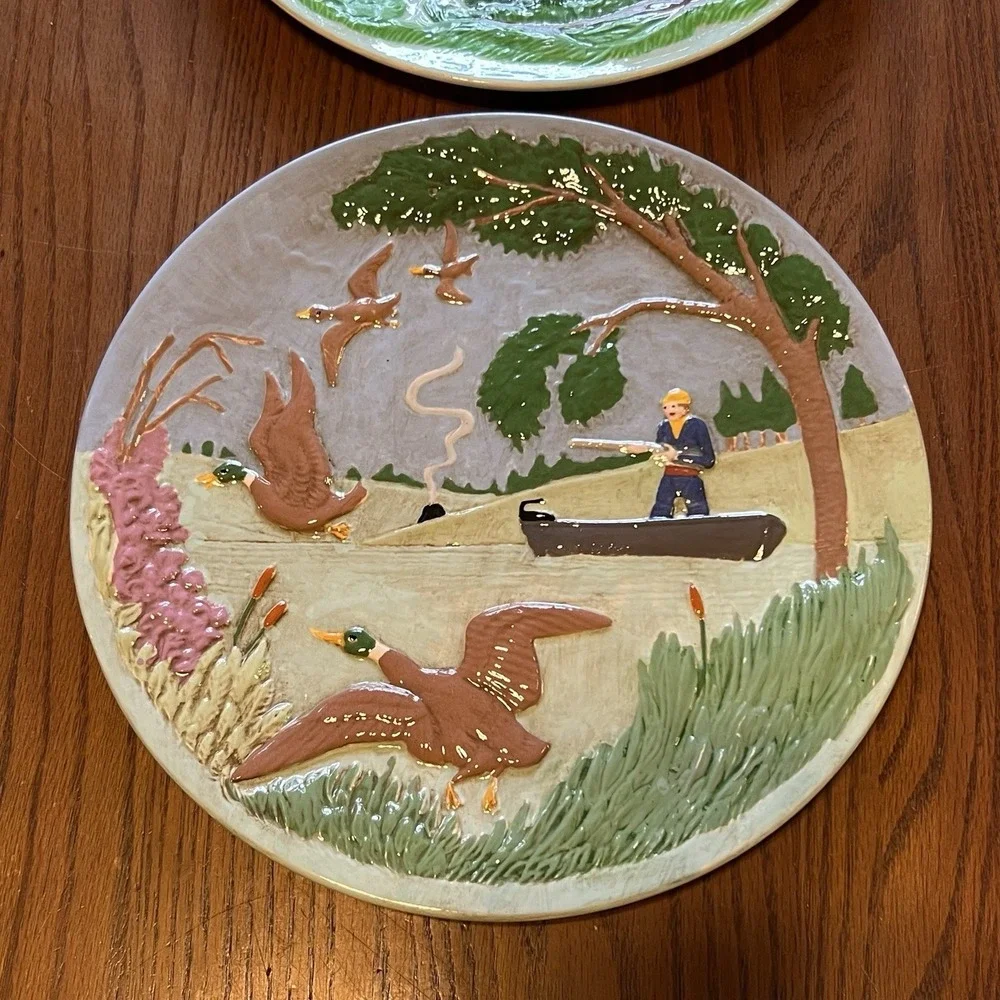Vintage 1977 CF Raised Relief Hunting Fishing Wall Plates Set Of 2 Ducks Fish‎